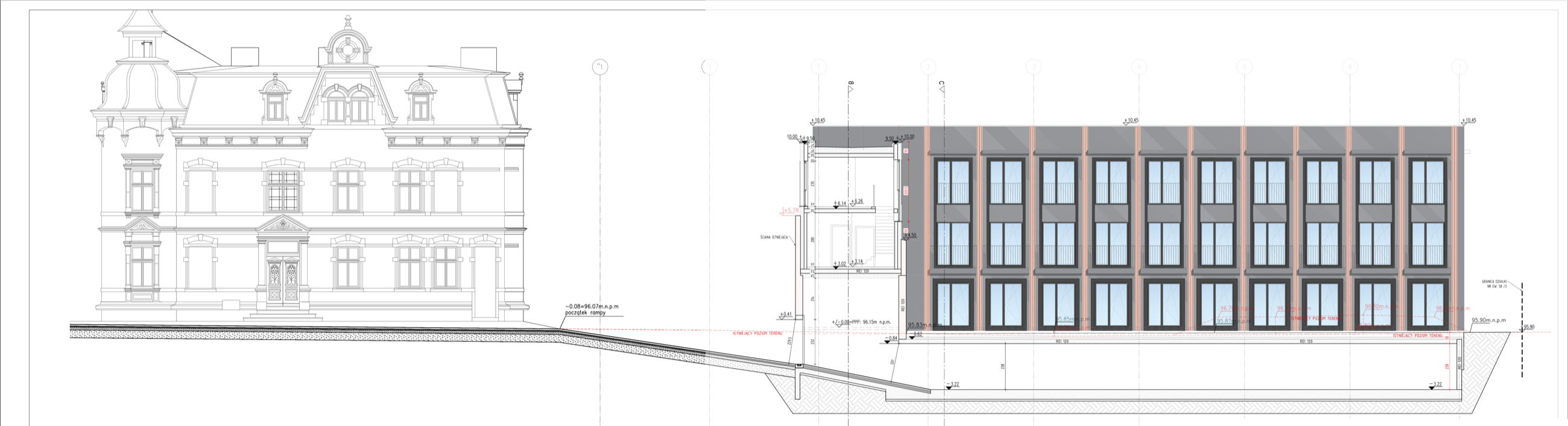 Rzut boczny — przekrój B-B, projekt budowlany